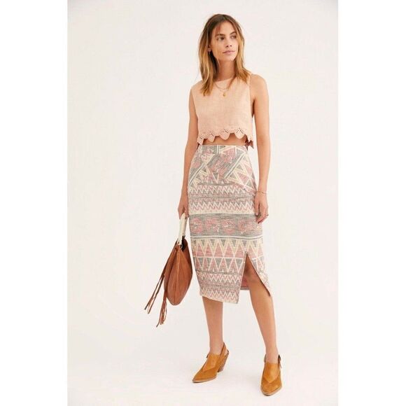 NEW FREE PEOPLE SZ XS MENDOCINO WOVEN HIGH WAIST PENCIL MIDI SKIRT W SLIT - Picture 2 of 4